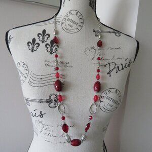 Long Red & Silver Beaded Necklace